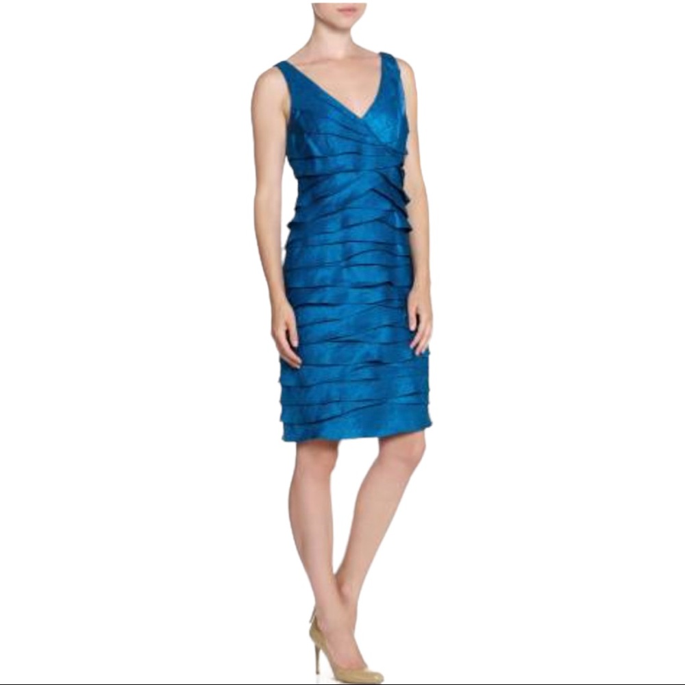 Adrianna Papell Blue V-Neck Tiered Sheath Dress